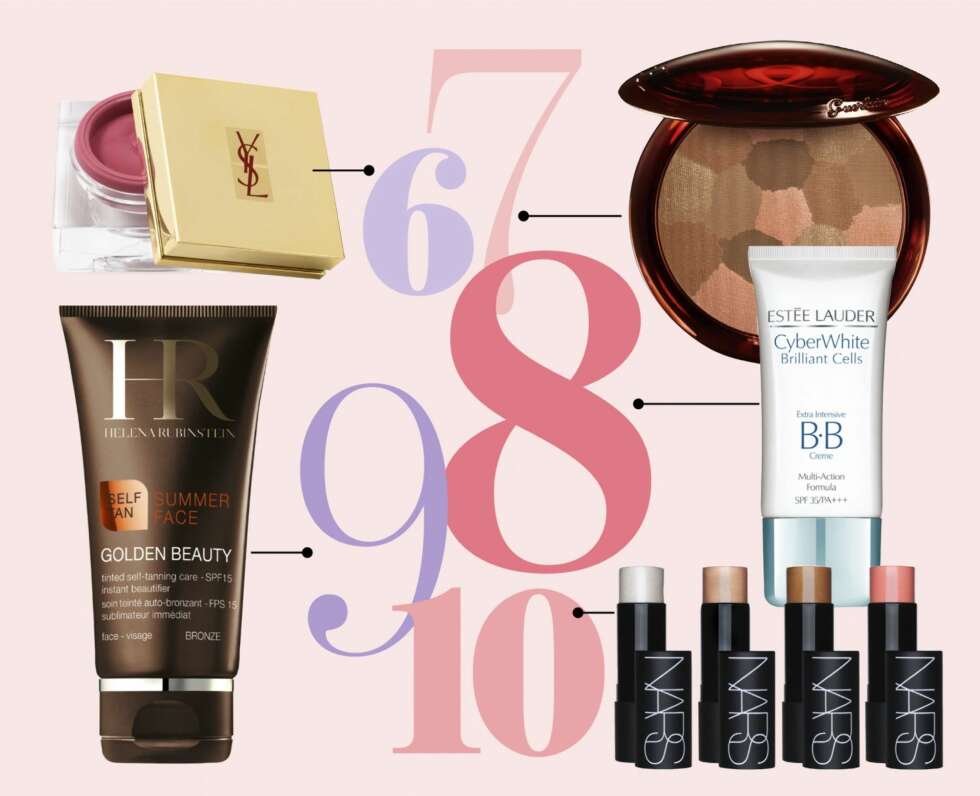 6. Creme de blush er en kremrouge du påfører med fingertuppene. Denne er i farge nr. 7 Rose Quartz og kommer fra YSL, kr 280,- 7. Solpudder fra Teracotta lightGuerlain, kr 450,- 8. BB-krem CyberWhite Brilliant Cells fra Estee Lauder, kr 500,- 9. Golden Beauty er en selvbruningskrem til ansiktet fra Helena Rubinstein, kr 340,- 10. Multiple one fra NARS er en alt-i-ett-stikk som kan brukes som øyeskygge, rouge eller på leppene. Den lyse kan du bruke på kinnbeina, amorbuen eller kragebeinet. Pris kr 300, pr. stk. FOTO: Produsentene 6. Creme de blush er en kremrouge du påfører med fingertuppene. Denne er i farge nr. 7 Rose Quartz og kommer fra YSL, kr 280,- 7. Solpudder fra Teracotta lightGuerlain, kr 450,- 8. BB-krem CyberWhite Brilliant Cells fra Estee Lauder, kr 500,- 9. Golden Beauty er en selvbruningskrem til ansiktet fra Helena Rubinstein, kr 340,- 10. Multiple one fra NARS er en alt-i-ett-stikk som kan brukes som øyeskygge, rouge eller på leppene. Den lyse kan du bruke på kinnbeina, amorbuen eller kragebeinet. Pris kr 300, pr. stk. FOTO: Produsentene