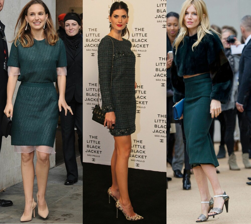 KJENDIS-INSPO: Gjør som disse fine damene, og kle deg i grønt - den nydelige fargen som passer like bra til hverdags som til fest. Fra venstre: Natalie Portman har gått for en knelang kjole som hun kombinerer med nude-fargede pumps. Isabela Fiorentino er ikledd en kort tweed-variant. Og Sienna Miller kombinerer et skjørt med en svart, kort genser og en lyseblå clutch. KJENDIS-INSPO: Gjør som disse fine damene, og kle deg i grønt - den nydelige fargen som passer like bra til hverdags som til fest. Fra venstre: Natalie Portman har gått for en knelang kjole som hun kombinerer med nude-fargede pumps. Isabela Fiorentino er ikledd en kort tweed-variant. Og Sienna Miller kombinerer et skjørt med en svart, kort genser og en lyseblå clutch.