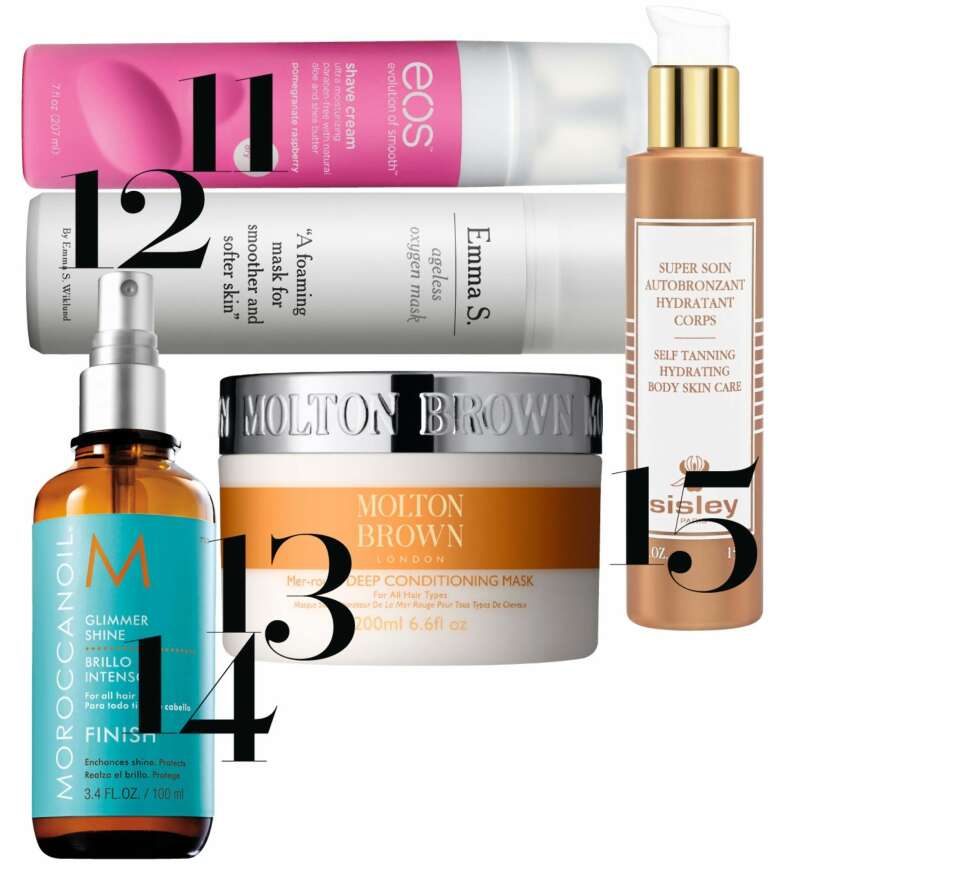 OPPLADNING: 11. Shave Cream fra Eos, kr 89. 12. Ageless Oxygen Mask, fra Emma S, kr 329. 13. Mer-rouge Deep Conditioning Mask fra Molton Brown, kr 270. 14. Glimmer Shine Spray fra Moroccanoil, kr 215. 15. Super Soin Autobronzant Hydratant Corps fra Sisley, kr 715. OPPLADNING: 11. Shave Cream fra Eos, kr 89. 12. Ageless Oxygen Mask, fra Emma S, kr 329. 13. Mer-rouge Deep Conditioning Mask fra Molton Brown, kr 270. 14. Glimmer Shine Spray fra Moroccanoil, kr 215. 15. Super Soin Autobronzant Hydratant Corps fra Sisley, kr 715.