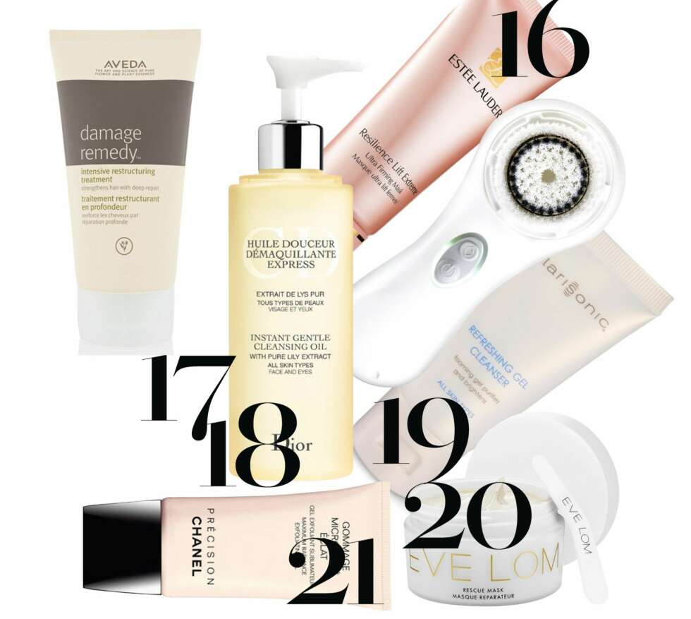 REPARASJON: 16. Resilience Lift Extreme Ultra Firming Mask fra Estée Lauder, kr 460. 17. Damage Remedy Intensive Restructuring Treatment fra Aveda, kr 420. 18. Huile Douceur fra Dior, kr 290. 19. Clarisonic Plus, kr 1700. 20. Rescue Mask fra Eve Lom, kr 635. Gommage Microperlé fra Chanel, kr 405. REPARASJON: 16. Resilience Lift Extreme Ultra Firming Mask fra Estée Lauder, kr 460. 17. Damage Remedy Intensive Restructuring Treatment fra Aveda, kr 420. 18. Huile Douceur fra Dior, kr 290. 19. Clarisonic Plus, kr 1700. 20. Rescue Mask fra Eve Lom, kr 635. Gommage Microperlé fra Chanel, kr 405.