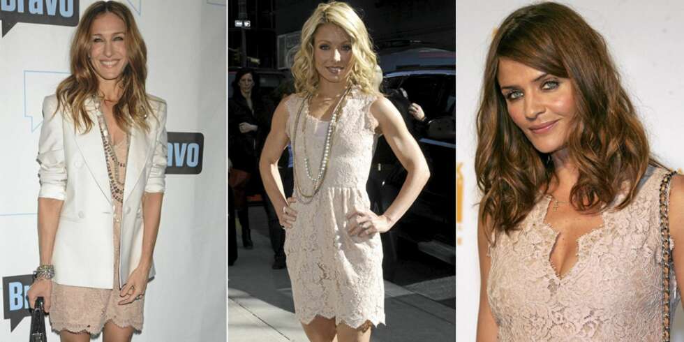 SAMME KJOLE: Sarah Jessica Parker, Kelly Ripa og Helena Christensen er aller kledd i samme Stella McCartney-kjole. SAMME KJOLE: Sarah Jessica Parker, Kelly Ripa og Helena Christensen er aller kledd i samme Stella McCartney-kjole.