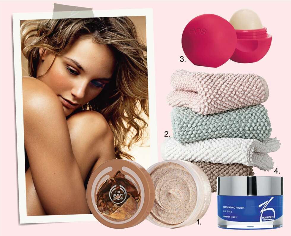 HUDEN I FOKUS: 1. Kakaoskrubb fra The Body Shop kr 189,- 2. Kluter fra Lucky Duck home and body fra 49,-til 189,- 3. EOS Pomegranate Raspberry leppepomade kr 79,- 4. Offects Exfoliating Polish fra Obagi, kr 780,- FOTO: Bulls og produsentene HUDEN I FOKUS: 1. Kakaoskrubb fra The Body Shop kr 189,- 2. Kluter fra Lucky Duck home and body fra 49,-til 189,- 3. EOS Pomegranate Raspberry leppepomade kr 79,- 4. Offects Exfoliating Polish fra Obagi, kr 780,- FOTO: Bulls og produsentene