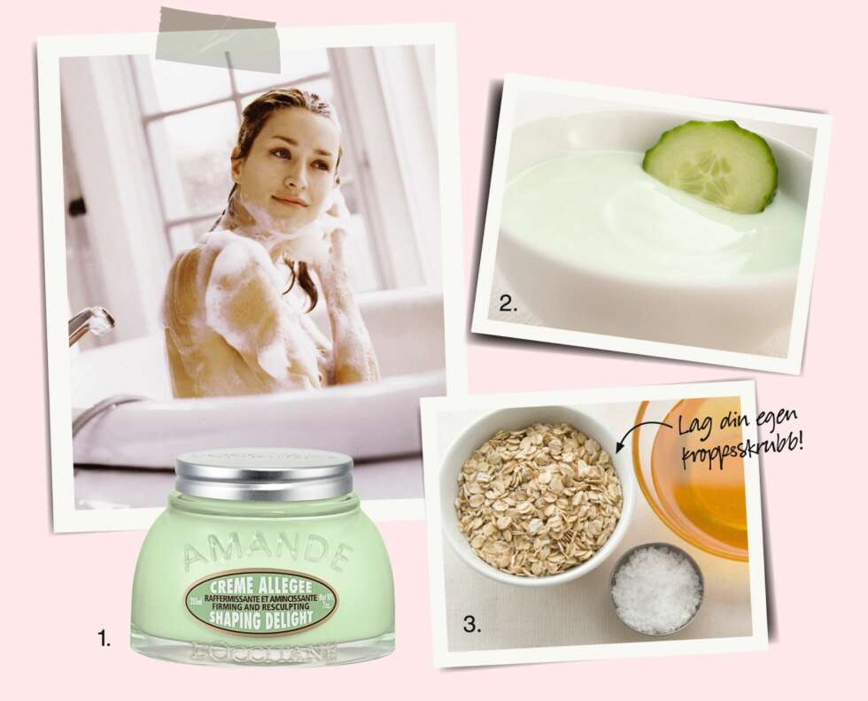 EGENPLEIE: 1. Stram opp med L'Occitane Almond shaping delight, kr 419,- 2. Ansiktsmaske: Rør sammen yoghurt og saften fra en kvart agurk, og du har en deilig og oppfriskende fuktighetsmaske. 3. Til kroppen: Bland litt grovsalt, olje og havregryn, pluss en teskje honning. FOTO: Bulls og produsentene EGENPLEIE: 1. Stram opp med L'Occitane Almond shaping delight, kr 419,- 2. Ansiktsmaske: Rør sammen yoghurt og saften fra en kvart agurk, og du har en deilig og oppfriskende fuktighetsmaske. 3. Til kroppen: Bland litt grovsalt, olje og havregryn, pluss en teskje honning. FOTO: Bulls og produsentene