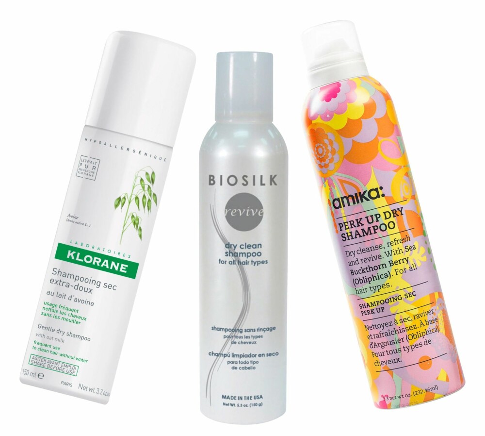 QUICK FIX: Fra venstre: Klorane Gentle Dry Shampoo, kr 60. Biosilk Dry Clean Shampoo, kr 199. Amika Perk Up Dry Shampoo, kr 199. QUICK FIX: Fra venstre: Klorane Gentle Dry Shampoo, kr 60. Biosilk Dry Clean Shampoo, kr 199. Amika Perk Up Dry Shampoo, kr 199.