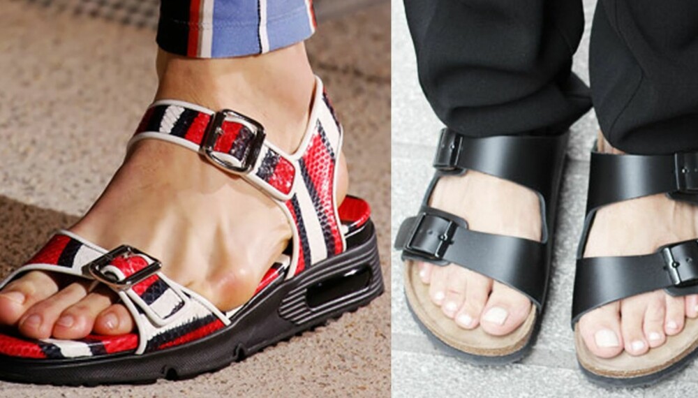 ÅRETS IT-ITEM: - Det er ikke ofte total komfort og trend går hånd i, men når det skjer, kommer det til å bli en superhit. Akkurat som med disse sandalene - dette er årets it-item, sier ekspertene. Under får du tipsene til hvordan du bruker det lave skottøyet riktig. Inkludert de verste sandal-tabbene du kan begå. Til høyre: Fra Givenchys vår- og sommervisning for herrer 2014. Til venstre: Birkenstocks. ÅRETS IT-ITEM: - Det er ikke ofte total komfort og trend går hånd i, men når det skjer, kommer det til å bli en superhit. Akkurat som med disse sandalene - dette er årets it-item, sier ekspertene. Under får du tipsene til hvordan du bruker det lave skottøyet riktig. Inkludert de verste sandal-tabbene du kan begå. Til høyre: Fra Givenchys vår- og sommervisning for herrer 2014. Til venstre: Birkenstocks.