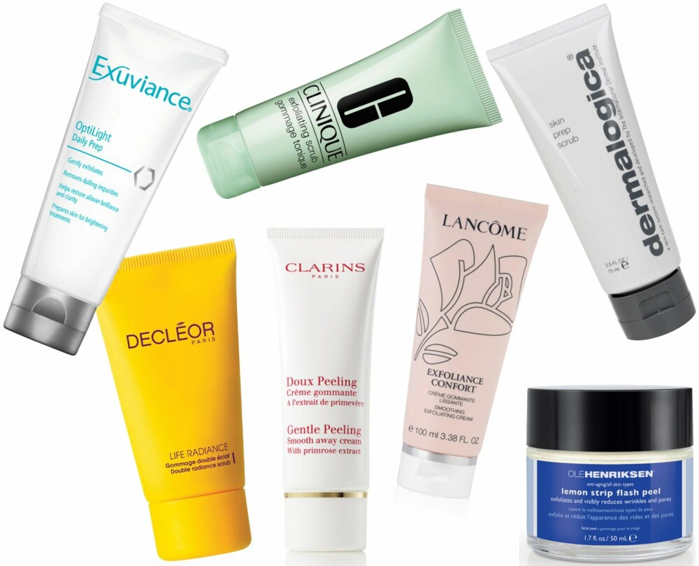 ULIKE EKSFOLIANTER (f.v.): Exuviance OptiLIght Daily Prep, kr 299. Decléor Life Radiance Double Radiance Scrub, kr 429. Clinique Exfoliating Scrub, kr 255. Clarins Gentle Peeling Smooth Away Cream, kr 300. Lancôme Exfoliance Confort Smooting Exfoliating Cream, kr 345. Dermalogica Skin Prep Scrub, kr 350. Ole Henriksen Lemon Strip Flash Peel, kr 595. ULIKE EKSFOLIANTER (f.v.): Exuviance OptiLIght Daily Prep, kr 299. Decléor Life Radiance Double Radiance Scrub, kr 429. Clinique Exfoliating Scrub, kr 255. Clarins Gentle Peeling Smooth Away Cream, kr 300. Lancôme Exfoliance Confort Smooting Exfoliating Cream, kr 345. Dermalogica Skin Prep Scrub, kr 350. Ole Henriksen Lemon Strip Flash Peel, kr 595.