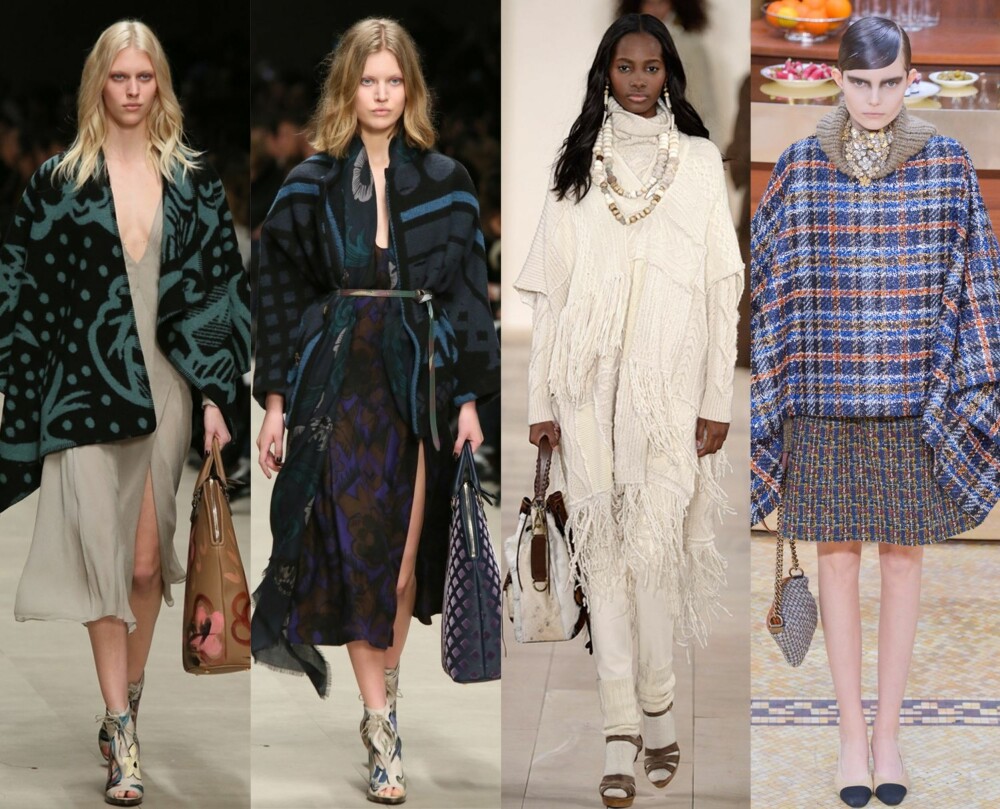 PÅ CATWALKEN (f.v.): Burberry viste frem flere ulike varianter av ponchoen i fjor høst. Under årets catwalkvisninger ble modellene til Ralph Lauren blant annet kledd i hvite varianter med frynser. Chanel på sin side gikk for en variant med rutemønster. PÅ CATWALKEN (f.v.): Burberry viste frem flere ulike varianter av ponchoen i fjor høst. Under årets catwalkvisninger ble modellene til Ralph Lauren blant annet kledd i hvite varianter med frynser. Chanel på sin side gikk for en variant med rutemønster.