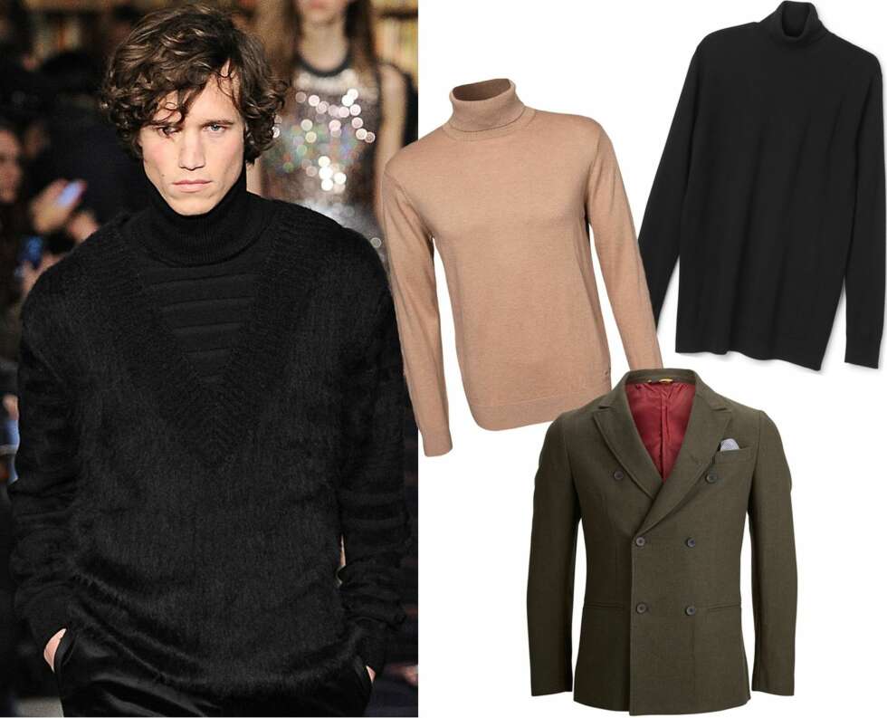 DOBBELTSPENT OG TURTLENECK: Sonia Rykiel sendte sine mannlige modeller nedover catwalekn kledd i turtleneck (og viste i tillegg frem en smart måte å kjøre lag-på-lag). Beige turtleneck fra Gant/Nelly.com, kr 995. Dobbeltspent blazer fra Selected Homme, kr 1600. Turtleneck fra Weekday, kr 400. DOBBELTSPENT OG TURTLENECK: Sonia Rykiel sendte sine mannlige modeller nedover catwalekn kledd i turtleneck (og viste i tillegg frem en smart måte å kjøre lag-på-lag). Beige turtleneck fra Gant/Nelly.com, kr 995. Dobbeltspent blazer fra Selected Homme, kr 1600. Turtleneck fra Weekday, kr 400.