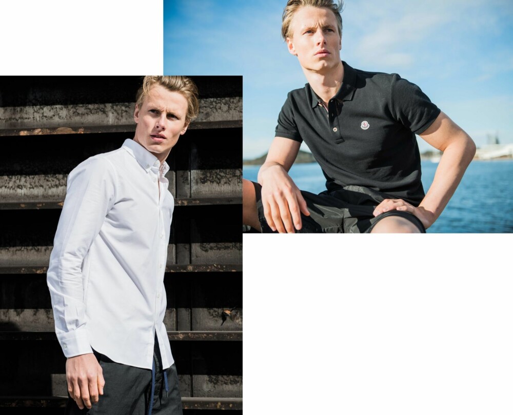 BLACK AND WHITE: <b>T.v.</b> Skjorte fra Maison Kitsuné, kr 1899. Bukser fra Covert. kr 1699. <b>T.h.</b> Svart pique fra Moncler, kr 1299. Shorts fra T by Alexander Wang, kr 2999. BLACK AND WHITE: <b>T.v.</b> Skjorte fra Maison Kitsuné, kr 1899. Bukser fra Covert. kr 1699. <b>T.h.</b> Svart pique fra Moncler, kr 1299. Shorts fra T by Alexander Wang, kr 2999.