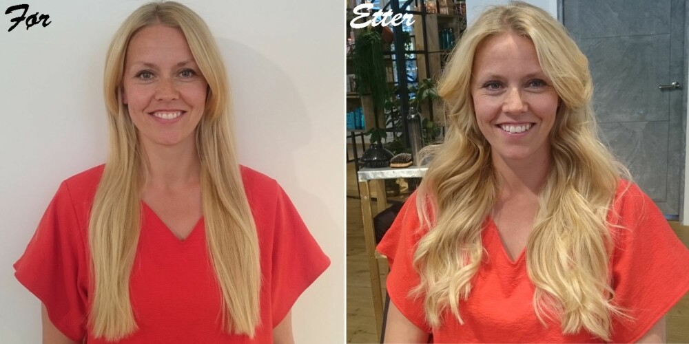FØR OG ETTER: Modell Lene har fått naturlige og fine krøller i håret ved hjelp av rettetang. FØR OG ETTER: Modell Lene har fått naturlige og fine krøller i håret ved hjelp av rettetang.