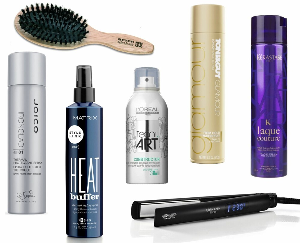 GODE PRODUKTER (f.v.): Joico Ironclad Thermal Protection Spray, kr 299. Beter naturbørste, kr 98. Matrix Style Link Heat Buffer Thermal Styling Spray, kr xxx. L'Oréral Tecni Art Constructor Termo-Active Spray, kr 149. Bj¨rn Axén rettetang, kr 749. Toni&Guy Glamour Firm Hold Hairspray, kr 130. Kérastase Laque Couture Micro mist Fixing Lacquer, kr 269. GODE PRODUKTER (f.v.): Joico Ironclad Thermal Protection Spray, kr 299. Beter naturbørste, kr 98. Matrix Style Link Heat Buffer Thermal Styling Spray, kr xxx. L'Oréral Tecni Art Constructor Termo-Active Spray, kr 149. Bj¨rn Axén rettetang, kr 749. Toni&Guy Glamour Firm Hold Hairspray, kr 130. Kérastase Laque Couture Micro mist Fixing Lacquer, kr 269.