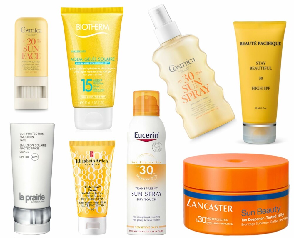 SOLKREM (f.v.): Cosmica Hydrating Sun Stick SPF 20, kr 109. Biotherm Aqua Gel SPF15 150ml, kr 225. Cosmica Ultra Light Sun Spray SPF 30, kr 209. Beauté Pacifique, solkrem til ansikt SPF 30, kr 369. La Prairie Sun Protection Emulsion Face SPF 30, kr 840. Elizabeth Arden Eight Hour Cream Sun Defense for Face SPF 50, kr 250. Eucerin Sun Spray Dry Touch SPF 30, kr 209. Lancaster Tinted Jelly SPF 30, kr 295. SOLKREM (f.v.): Cosmica Hydrating Sun Stick SPF 20, kr 109. Biotherm Aqua Gel SPF15 150ml, kr 225. Cosmica Ultra Light Sun Spray SPF 30, kr 209. Beauté Pacifique, solkrem til ansikt SPF 30, kr 369. La Prairie Sun Protection Emulsion Face SPF 30, kr 840. Elizabeth Arden Eight Hour Cream Sun Defense for Face SPF 50, kr 250. Eucerin Sun Spray Dry Touch SPF 30, kr 209. Lancaster Tinted Jelly SPF 30, kr 295.