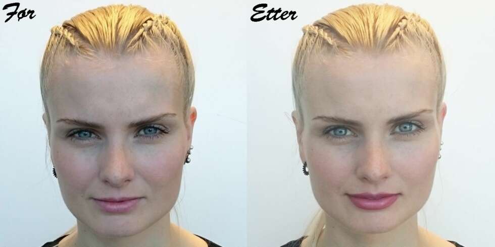 FØR OG ETTER: Man ser en tydelig forskjell på størrelsen på overleppen før og etter at makeupartisten har sminket leppene større. FØR OG ETTER: Man ser en tydelig forskjell på størrelsen på overleppen før og etter at makeupartisten har sminket leppene større.