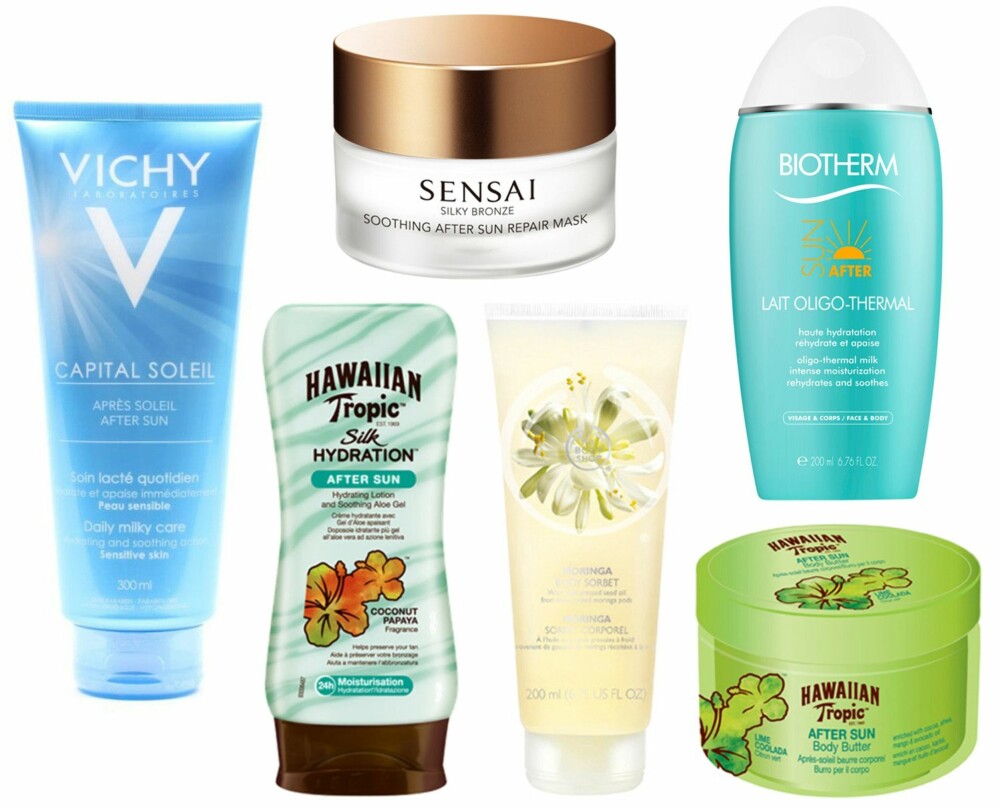 AFTER SUN (f.v.): Vichy Capital Soleil Aftersun-lotion, kr 229. Sensai Silky Bronze Soothing After Sun Repair Mask, kr 855. Biotherm Oligo Thermal Milk 200 ml, kr 230. Hawaiian Tropic After Sun Silk Hydration, kr 119. The Body Shop Moringa Body Sorbet, kr 149. Hawaiian Tropic Lime Coolada Body Butter, kr 129. AFTER SUN (f.v.): Vichy Capital Soleil Aftersun-lotion, kr 229. Sensai Silky Bronze Soothing After Sun Repair Mask, kr 855. Biotherm Oligo Thermal Milk 200 ml, kr 230. Hawaiian Tropic After Sun Silk Hydration, kr 119. The Body Shop Moringa Body Sorbet, kr 149. Hawaiian Tropic Lime Coolada Body Butter, kr 129.