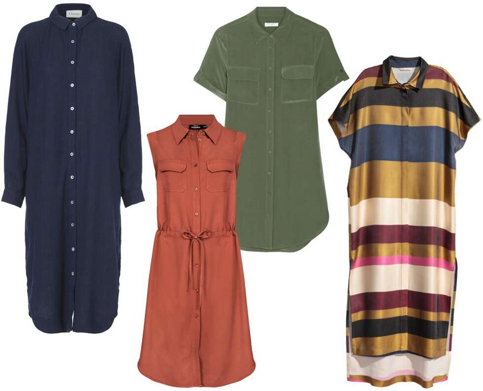 FARGERIKE SKJORTEKJOLER (f.v.): Ganni safari dress, kr 1899. Kappahl skjortekjole, kr 399. Equipment Slim Signature washed-silk mini dress/Net-a-Porter, kr 3852. H&M stripet skjortekjole, kr 599. FARGERIKE SKJORTEKJOLER (f.v.): Ganni safari dress, kr 1899. Kappahl skjortekjole, kr 399. Equipment Slim Signature washed-silk mini dress/Net-a-Porter, kr 3852. H&M stripet skjortekjole, kr 599.
