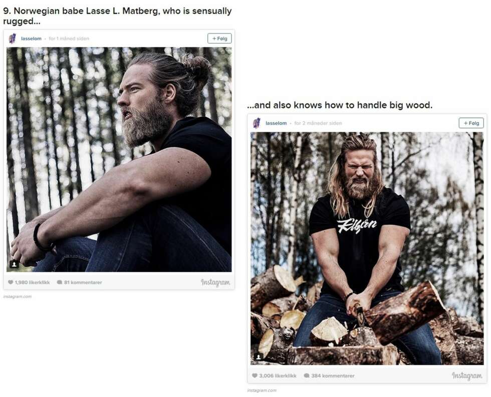 SKJEGG OG MAN BUN: Bildene Buzzfeed brukte av Lasse fra hans Instagram-konto @lasselom i bildeserien med "23 Beard And Man Bun Combinations That Will Awaken You Sexually." SKJEGG OG MAN BUN: Bildene Buzzfeed brukte av Lasse fra hans Instagram-konto @lasselom i bildeserien med "23 Beard And Man Bun Combinations That Will Awaken You Sexually."