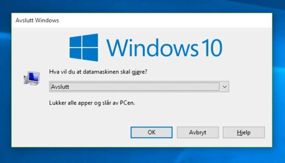 AVSLUTT: Med ALT + F4 kan du raskt lukke et hvilket som helst vindu. Står du helt ute i skrivebordet får du istedenfor opp avslutningsalternativene for Windows 10. AVSLUTT: Med ALT + F4 kan du raskt lukke et hvilket som helst vindu. Står du helt ute i skrivebordet får du istedenfor opp avslutningsalternativene for Windows 10.