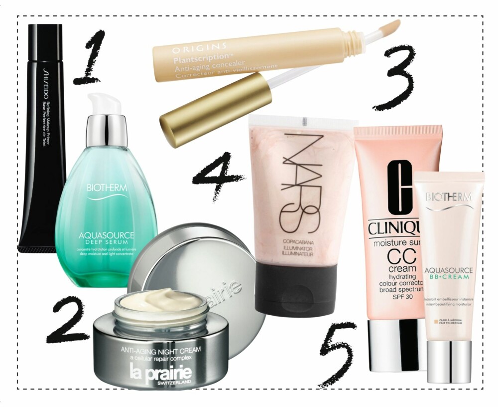 SKJØNNHET FOR DUMMIES: Det er ikke bare, bare å finne frem i jungelen av sminkeprodukter... 1. Refining Makeup primer fra Shiseido kr 369,- Aquasource deep serum fra Biotherm, kr 420,- 2. Anti aging night cream fra La Prairie, kr 1595,- 3. Plantscription Concealer fra Origins, kr 185,- 4. Copacabana Illuminator fra Nars, kr 216,- 5. Moisture surge CC-cream fra Clinique, kr 199,- Aquasource BB-cream fra Biotherm, kr 215,- SKJØNNHET FOR DUMMIES: Det er ikke bare, bare å finne frem i jungelen av sminkeprodukter... 1. Refining Makeup primer fra Shiseido kr 369,- Aquasource deep serum fra Biotherm, kr 420,- 2. Anti aging night cream fra La Prairie, kr 1595,- 3. Plantscription Concealer fra Origins, kr 185,- 4. Copacabana Illuminator fra Nars, kr 216,- 5. Moisture surge CC-cream fra Clinique, kr 199,- Aquasource BB-cream fra Biotherm, kr 215,-