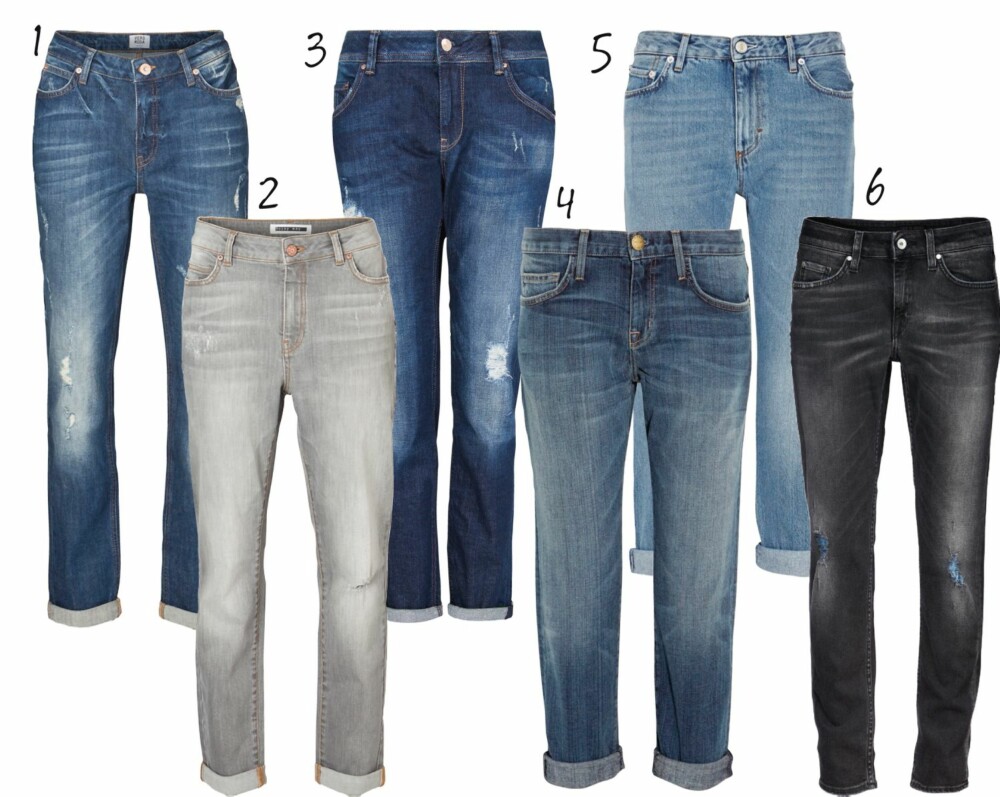 BOYFRIEND: 1. Vero Moda, kr 450. 2. Noisy May, kr 450. 3. Mango, kr 499. 4. Current Elliot, kr 1350. 5. Acne, kr 1595. 6. Tiger of Sweden, kr 1399. BOYFRIEND: 1. Vero Moda, kr 450. 2. Noisy May, kr 450. 3. Mango, kr 499. 4. Current Elliot, kr 1350. 5. Acne, kr 1595. 6. Tiger of Sweden, kr 1399.