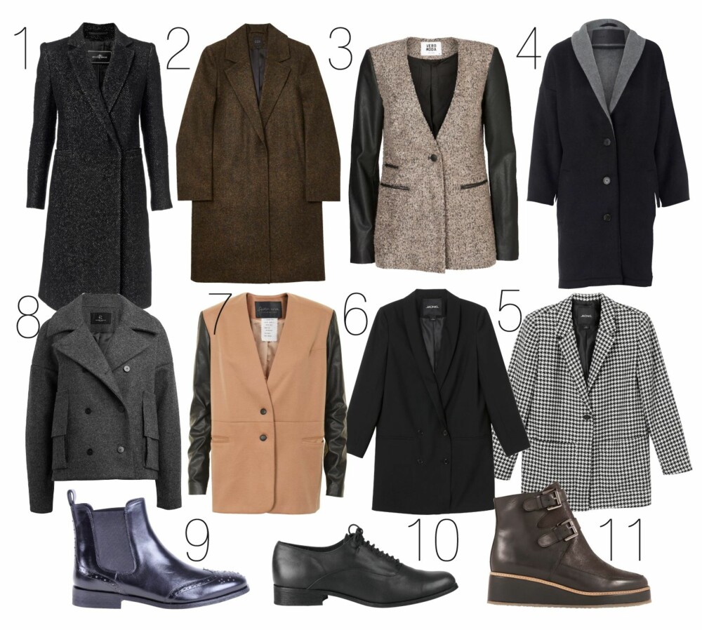 MASKULINT: Jakker: 1. Malene Birger, kr 4699. 2. Cos, kr 2250. 3. Vero Moda, kr 599. 4. Storm og Marie, kr 1799. 5. Monki, kr 500. 6. Monki, kr 500. 7. Stella Nova, kr 3199. 8. Bruns Bazaar, kr 2899. Boots: 9. Sofie Schnoor, kr 1699. 10. Won Hundred, kr 1700. 11. Surface to Air, kr 3100. MASKULINT: Jakker: 1. Malene Birger, kr 4699. 2. Cos, kr 2250. 3. Vero Moda, kr 599. 4. Storm og Marie, kr 1799. 5. Monki, kr 500. 6. Monki, kr 500. 7. Stella Nova, kr 3199. 8. Bruns Bazaar, kr 2899. Boots: 9. Sofie Schnoor, kr 1699. 10. Won Hundred, kr 1700. 11. Surface to Air, kr 3100.