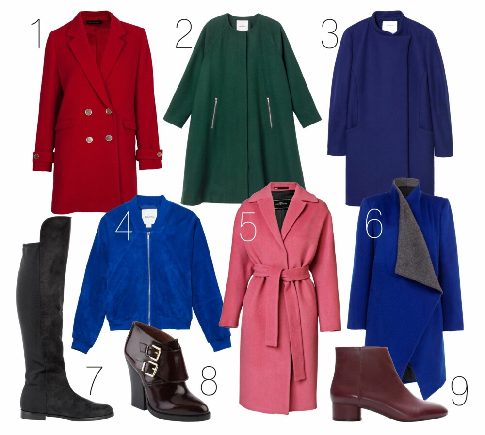 FARGERIKT: Jakker: 1. Nina Jarebrink, kr 3999. 2. Monki, kr 1000. 3. Surface to Air, kr 3495. 4. Monki, kr 1100. 5. Malene Birger, kr 4799. 6. River Island, kr 755. Boots: 7. H&M, kr 499. 8. Aldo, kr 1299. 9. Zara, kr 959. FARGERIKT: Jakker: 1. Nina Jarebrink, kr 3999. 2. Monki, kr 1000. 3. Surface to Air, kr 3495. 4. Monki, kr 1100. 5. Malene Birger, kr 4799. 6. River Island, kr 755. Boots: 7. H&M, kr 499. 8. Aldo, kr 1299. 9. Zara, kr 959.
