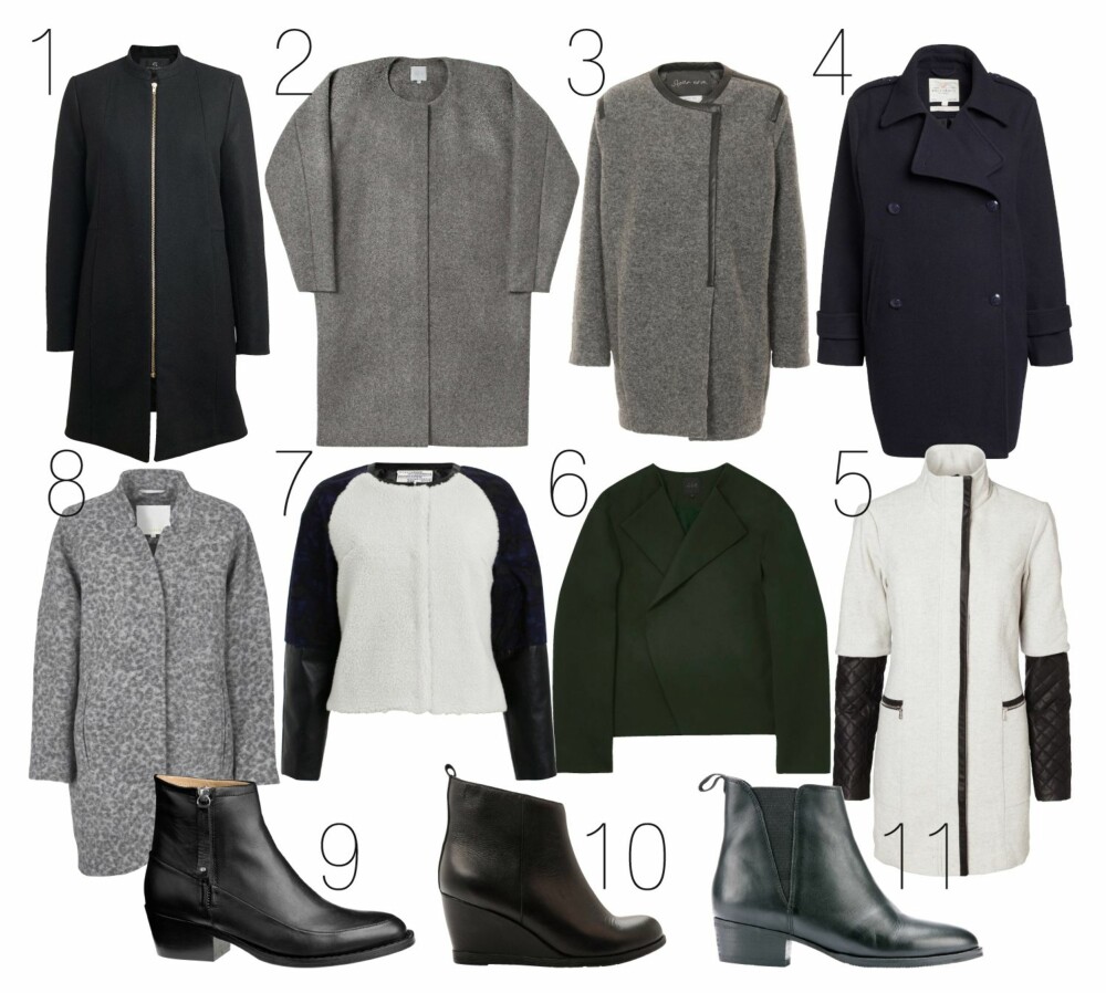 MINIMALISTISK: Jakker: 1. Bruns Bazaar, kr 3199. 2. Cos, kr 1500. 3. Stella Nova, kr 2299. 4. Lindex, kr 999. 5. Vero Moda, kr 899. 6. Cos, kr 1500. 7. Baum und Pferdgarten, kr 1899. 8. InWear, kr 2299. Boots: 9. Malene Birger, kr 3599. 10. Bianco, kr 899. 11. DNA, kr 799. MINIMALISTISK: Jakker: 1. Bruns Bazaar, kr 3199. 2. Cos, kr 1500. 3. Stella Nova, kr 2299. 4. Lindex, kr 999. 5. Vero Moda, kr 899. 6. Cos, kr 1500. 7. Baum und Pferdgarten, kr 1899. 8. InWear, kr 2299. Boots: 9. Malene Birger, kr 3599. 10. Bianco, kr 899. 11. DNA, kr 799.