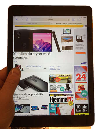 ARVET: iPad Air har arvet en funksjon fra iPad mini. Her kan du holde tommelen inn på skjermen, men samtidig skrolle opp og ned på en nettside eller bla i en bok. ARVET: iPad Air har arvet en funksjon fra iPad mini. Her kan du holde tommelen inn på skjermen, men samtidig skrolle opp og ned på en nettside eller bla i en bok.