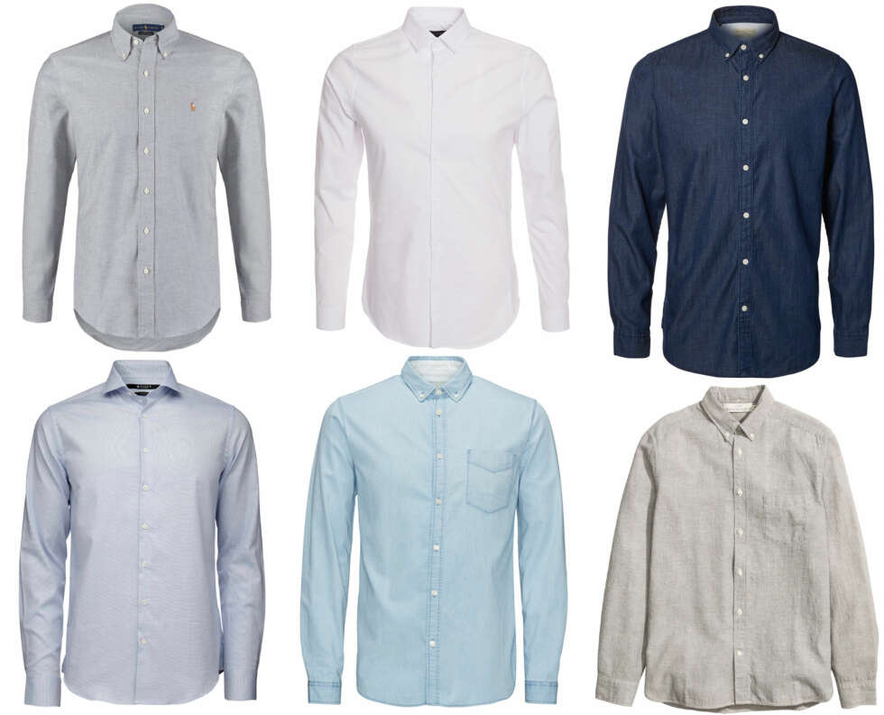 SKJORTER (f.v.): Polo Ralph Lauren Slim Fit Skjorte - slate/Zalando, kr 1095. Topman Long Sleeve Stretch Smart Shirt/Nelly, kr 399. Selected Homme Slim Fit Denimskjorte, kr 399,95. Tiger of Sweden Steel 2 shirt, kr 999. Jack & Jones Slim fit hverdagsskjorte, kr 399,95. H&M Skjorte i linmiks, kr 299. SKJORTER (f.v.): Polo Ralph Lauren Slim Fit Skjorte - slate/Zalando, kr 1095. Topman Long Sleeve Stretch Smart Shirt/Nelly, kr 399. Selected Homme Slim Fit Denimskjorte, kr 399,95. Tiger of Sweden Steel 2 shirt, kr 999. Jack & Jones Slim fit hverdagsskjorte, kr 399,95. H&M Skjorte i linmiks, kr 299.