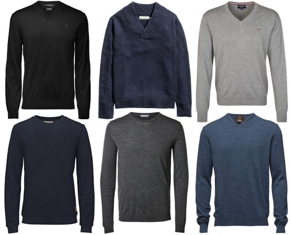 GENSERE (f.v.): Tiger of Sweden Harvard pullover i ull, kr 1199. H&M V-ringet genser i ullmiks, kr 399. Gant Jumper dark grey melange/Zalando, kr 999. Jack & Jones Lett crew neck sweatshirt i total eclipse, kr 399,95. Selected Homme merinoull strikket pullover i medium grey melange, kr 599,95. Oscar Jacobson Wyatt V-Neck Inky Pool, kr 1499. GENSERE (f.v.): Tiger of Sweden Harvard pullover i ull, kr 1199. H&M V-ringet genser i ullmiks, kr 399. Gant Jumper dark grey melange/Zalando, kr 999. Jack & Jones Lett crew neck sweatshirt i total eclipse, kr 399,95. Selected Homme merinoull strikket pullover i medium grey melange, kr 599,95. Oscar Jacobson Wyatt V-Neck Inky Pool, kr 1499.