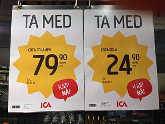 IKKE PÅ TILBUD: Nei, hverken 4-pk med Cola eller 1,5 l Cola er på tilbud. Det er bare hjernen din som forledes til å tro det, basert på tidligere erfaringer. IKKE PÅ TILBUD: Nei, hverken 4-pk med Cola eller 1,5 l Cola er på tilbud. Det er bare hjernen din som forledes til å tro det, basert på tidligere erfaringer.