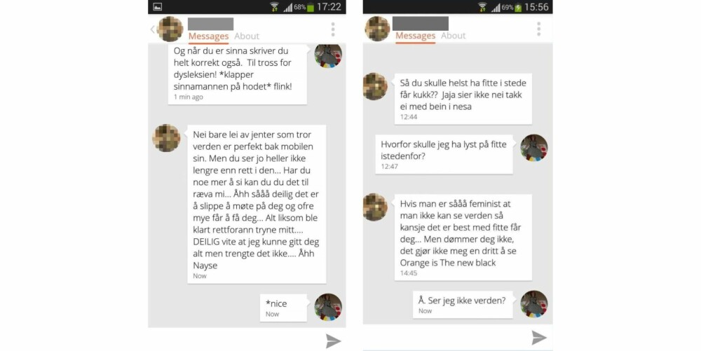 HETS: Eksempler på meldinger Alnæs har fått. Hun tar igjen, men er lei av å krangle på nett. HETS: Eksempler på meldinger Alnæs har fått. Hun tar igjen, men er lei av å krangle på nett.