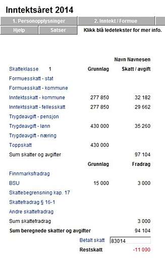 SKATTEBEREGNING: I dette eksempelet må personen belage seg på en restskatt på 11 000 kroner. På tide å begynne sparingen? FOTO: Skjermdump skatteetaten.no SKATTEBEREGNING: I dette eksempelet må personen belage seg på en restskatt på 11 000 kroner. På tide å begynne sparingen? FOTO: Skjermdump skatteetaten.no