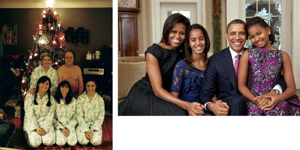 STYLING: Glem matchende pysjer og en far uten skjorte. Bli heller inspirert av Obama-familiens julekort. Legg merke til at fars slips matcher datterens kjole. FOTO: AwkwardFamilyPhotos.com og The White House/indyhiphop.com STYLING: Glem matchende pysjer og en far uten skjorte. Bli heller inspirert av Obama-familiens julekort. Legg merke til at fars slips matcher datterens kjole. FOTO: AwkwardFamilyPhotos.com og The White House/indyhiphop.com