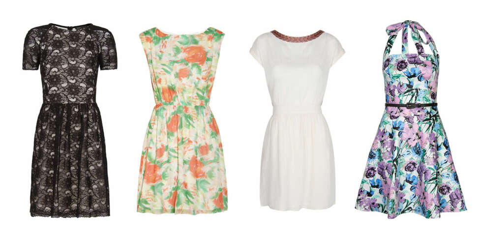 A-FORMET: Sorte blonder fra Mango (449 kr), blomstret fra Alice + Olivia/Net-a-porter (ca.3800 kr), hvit kjole fra Mango (299 kr), stort skjørt fra One Green Elephant/Zalando.no (619 kr). A-FORMET: Sorte blonder fra Mango (449 kr), blomstret fra Alice + Olivia/Net-a-porter (ca.3800 kr), hvit kjole fra Mango (299 kr), stort skjørt fra One Green Elephant/Zalando.no (619 kr).