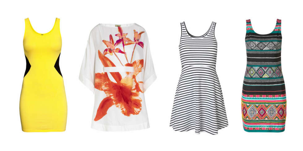 FIGURNÆRT OG KORT: Knallgul kjole fra H&M (99 kr), kimonoinspirert fra Issa/Net-a-porter (ca. 5500 kr), blåstripete fra Vero Moda (179,95 kr), eksotiske farger fra Gina Tricot (299 kr). FIGURNÆRT OG KORT: Knallgul kjole fra H&M (99 kr), kimonoinspirert fra Issa/Net-a-porter (ca. 5500 kr), blåstripete fra Vero Moda (179,95 kr), eksotiske farger fra Gina Tricot (299 kr).