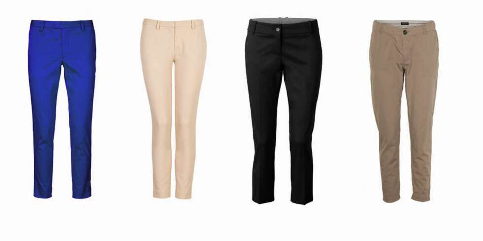 ANKELBUKSE: Et fint alternativ når været er dårlig. Blå bukse fra InWear, 699 kr, pudderfarget fra Bik Bok, 299 kr, sort fra MQ, 499 kr, beige fra Stella Nova, 1199 kr. ANKELBUKSE: Et fint alternativ når været er dårlig. Blå bukse fra InWear, 699 kr, pudderfarget fra Bik Bok, 299 kr, sort fra MQ, 499 kr, beige fra Stella Nova, 1199 kr.
