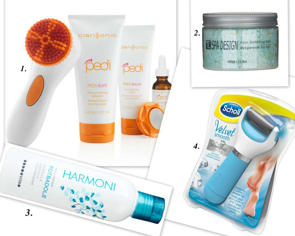 FOTPLEIE: 1. Clarisonic Pedi Starter Kit, kr 1550. 2. TL Design Foot Softening Salt, kr 50. 3. Harmoni Fotbadolje, kr 79. 4. Scholl Velvet Smooth elektrisk fotfil, kr 449. FOTPLEIE: 1. Clarisonic Pedi Starter Kit, kr 1550. 2. TL Design Foot Softening Salt, kr 50. 3. Harmoni Fotbadolje, kr 79. 4. Scholl Velvet Smooth elektrisk fotfil, kr 449.