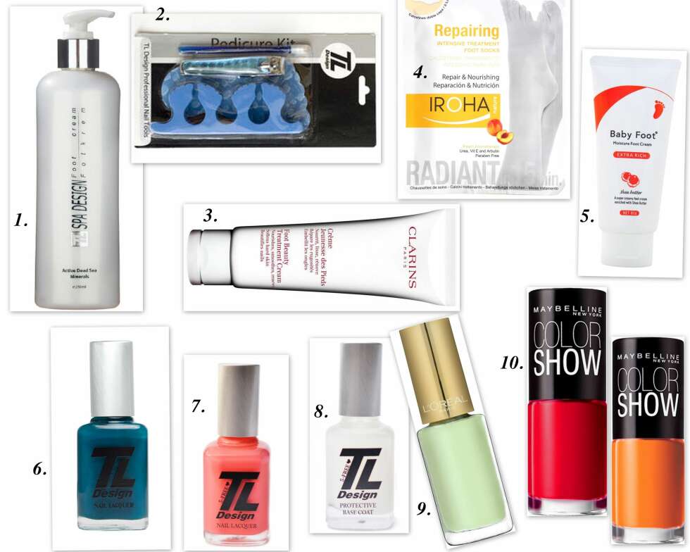 VAKRE FØTTER: 1. TL Design Foot Cream, kr 179. 2. TL Design Pedicure Kit, kr 99. 3. Clarins Foot Beauty Treatment, kr 250. 4. Iroha Repairing Foot Socks, kr 49,50. 5. Baby Foot fotkrem, kr 119. 6. TL Design Nail Laquer i fargene Black Teal, kr 99. 7. TL Design Nail Laquer i fargen Sweetheart, kr 99. 8. TL Design Protective Base Coat, kr 99. 9. L'Oréal Color Riche Le Vernis i fargen 852 Pistachio Drage, kr 59. 10. Maybelline Colorshow Nail Polish i fargene Wine Shimmer og Corol Craze, kr 49. VAKRE FØTTER: 1. TL Design Foot Cream, kr 179. 2. TL Design Pedicure Kit, kr 99. 3. Clarins Foot Beauty Treatment, kr 250. 4. Iroha Repairing Foot Socks, kr 49,50. 5. Baby Foot fotkrem, kr 119. 6. TL Design Nail Laquer i fargene Black Teal, kr 99. 7. TL Design Nail Laquer i fargen Sweetheart, kr 99. 8. TL Design Protective Base Coat, kr 99. 9. L'Oréal Color Riche Le Vernis i fargen 852 Pistachio Drage, kr 59. 10. Maybelline Colorshow Nail Polish i fargene Wine Shimmer og Corol Craze, kr 49.