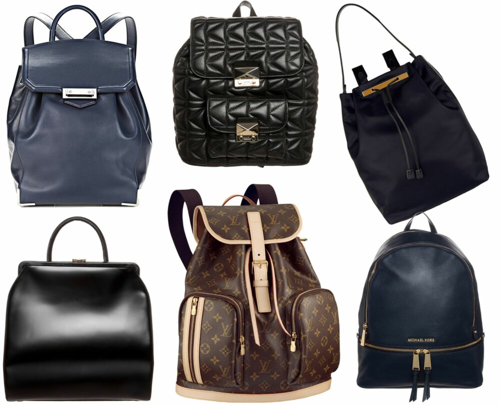 OVER 3000 KRONER: Øverst fra venstre: Alexander Wang, kr 9099. Karl Lagerfeld, kr 5995. The Row, Leather-trimmed shell backpack, ca kr 14 250. Lulu Guinnes i modellen Eva, kr 4795. Bosphore Backpack fra Louis Vuitton, ca kr 14 000. Michael Kors, kr 3295. OVER 3000 KRONER: Øverst fra venstre: Alexander Wang, kr 9099. Karl Lagerfeld, kr 5995. The Row, Leather-trimmed shell backpack, ca kr 14 250. Lulu Guinnes i modellen Eva, kr 4795. Bosphore Backpack fra Louis Vuitton, ca kr 14 000. Michael Kors, kr 3295.