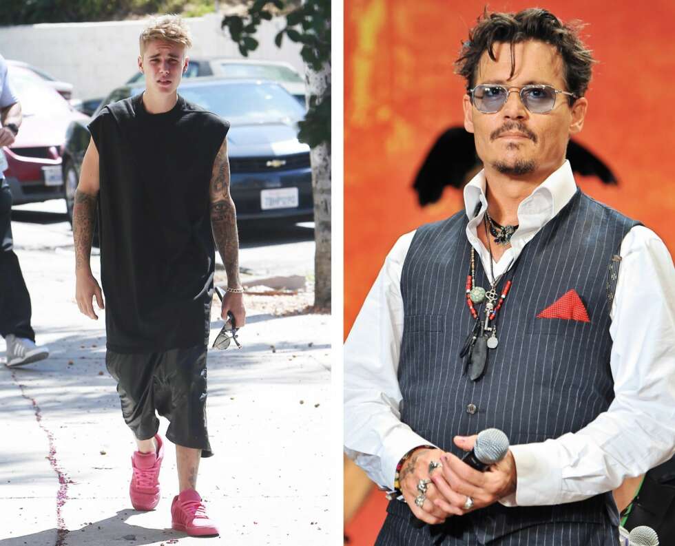 NEI, NEI, NEI...: Oversized og lange T-skjorter, her sett på Justin Bieber, og for mye tilbehør som Johnny Depp er stor fan av, er motetabber du ikke bør begå. NEI, NEI, NEI...: Oversized og lange T-skjorter, her sett på Justin Bieber, og for mye tilbehør som Johnny Depp er stor fan av, er motetabber du ikke bør begå.