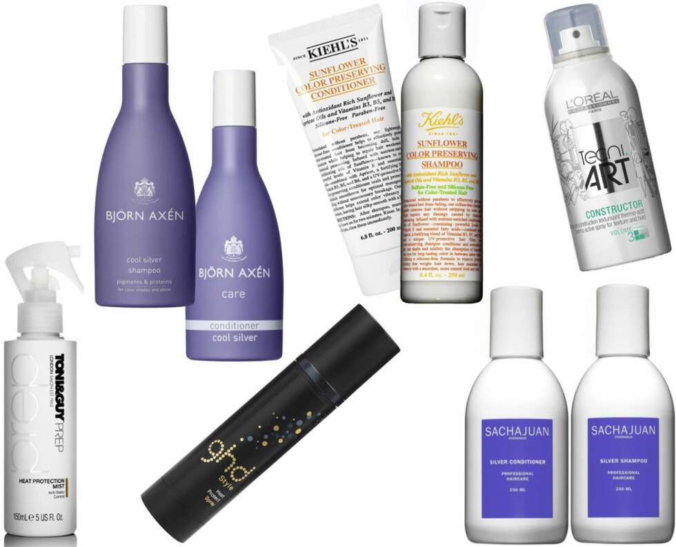 GODE HÅRPRODUKTER (f.v.): Toni & Gut Heat Protection Mist, kr 130. Bjørn Axén Cool Silver Shampoo, kr 150. Bjørn Axén Cool Silver Conditioner, kr 179. Ghd Style Heat Protect Spray, kr 239. Kiehl's Sunflower Color Preserving Conditioner, kr 170. Kiehl's Sunflower Color Preserving Shampoo, kr 140. SachaJuan Professional Haircare Silver Conditioner, kr 170. SachaJuan Professional Haircare Silver Shampoo, kr 160. L'Oréal Professionnel TecniArt Constructor Termo-Active Spray, kr 149. GODE HÅRPRODUKTER (f.v.): Toni & Gut Heat Protection Mist, kr 130. Bjørn Axén Cool Silver Shampoo, kr 150. Bjørn Axén Cool Silver Conditioner, kr 179. Ghd Style Heat Protect Spray, kr 239. Kiehl's Sunflower Color Preserving Conditioner, kr 170. Kiehl's Sunflower Color Preserving Shampoo, kr 140. SachaJuan Professional Haircare Silver Conditioner, kr 170. SachaJuan Professional Haircare Silver Shampoo, kr 160. L'Oréal Professionnel TecniArt Constructor Termo-Active Spray, kr 149.