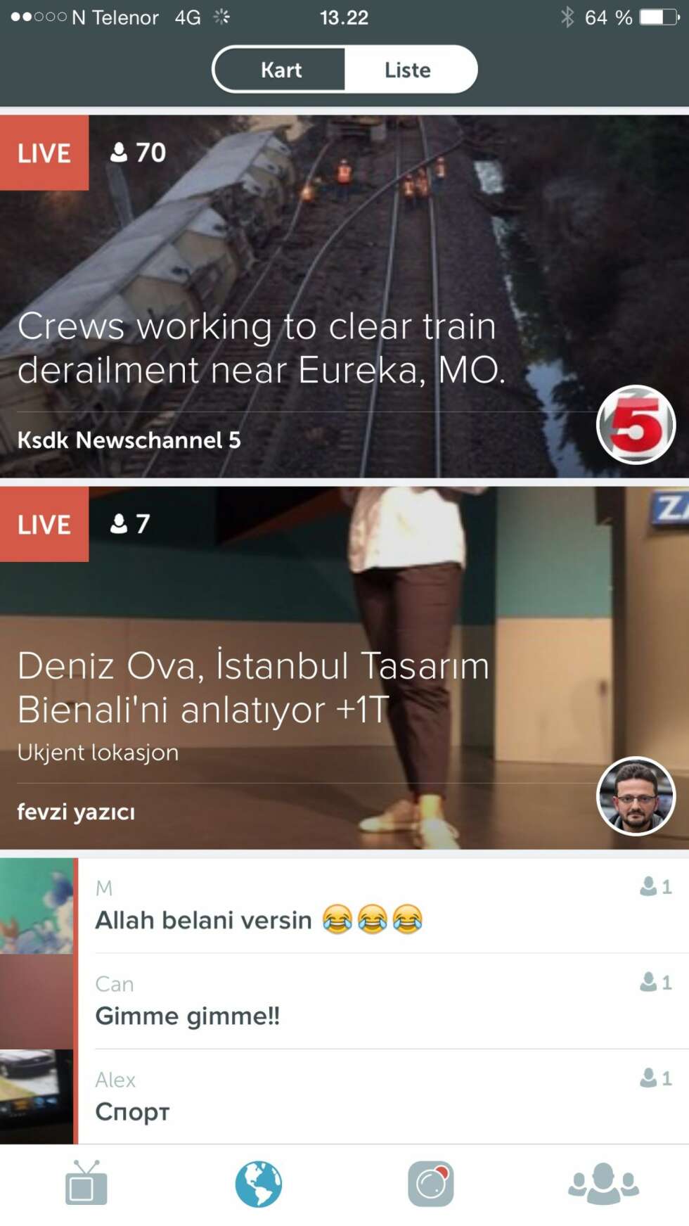 HVA SKJER: På forsiden av Periscope ser du brukere som kringkaster "akkurat nå". HVA SKJER: På forsiden av Periscope ser du brukere som kringkaster "akkurat nå".