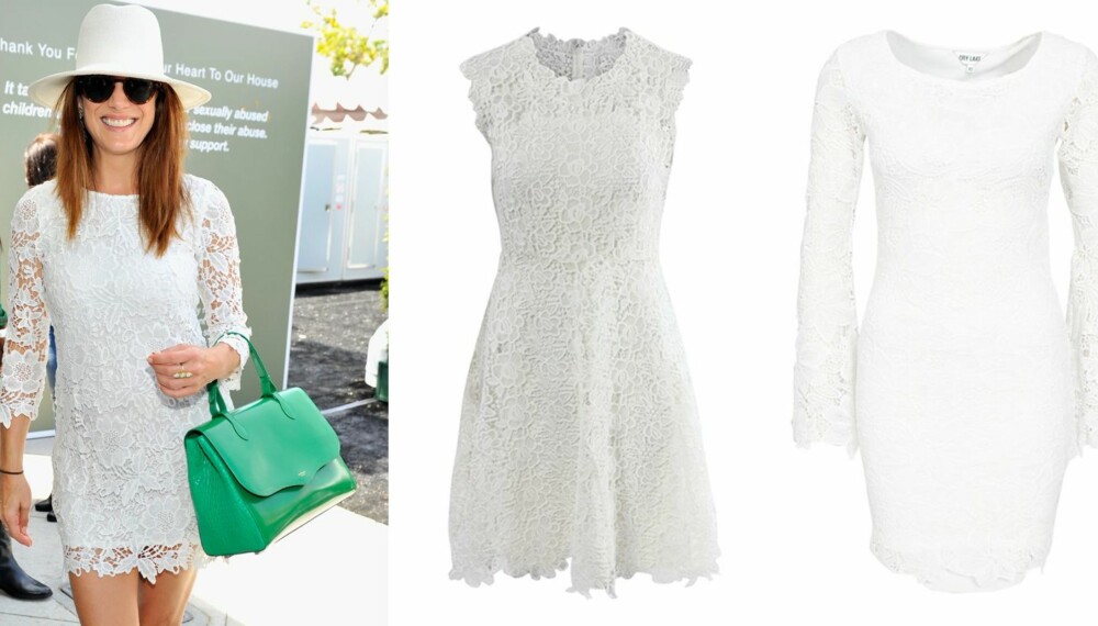 TRENDY MED HVIT BLONDEKJOLE: Denne sesongen er det nok en gang hot med hvit blondekjole. Skuespiller Kate Walsh viser et alternativ å style den på. Kortermet blondekjole fra Sand, kr 4399. Langermet blondekjole fra Dry Lake/Nelly.com, kr 995. TRENDY MED HVIT BLONDEKJOLE: Denne sesongen er det nok en gang hot med hvit blondekjole. Skuespiller Kate Walsh viser et alternativ å style den på. Kortermet blondekjole fra Sand, kr 4399. Langermet blondekjole fra Dry Lake/Nelly.com, kr 995.