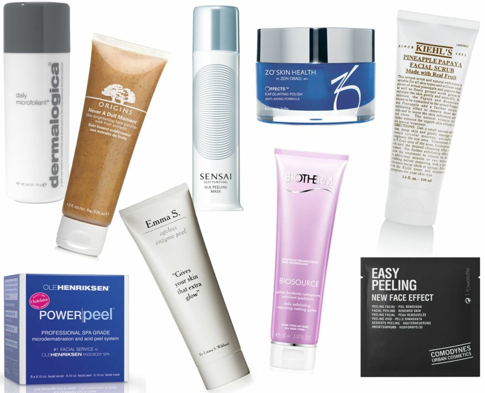 ULIKE EKSFOLIERENDE PRODUKTER (f.v.): Dermalogica Daily Microfoliant, kr 590. Ole Henriksen Power Peel, kr 610. Origins Never A Dull Moment Skin Brightening Face Polisher, kr 320. Emma S. Ageless Enzyme Peel, kr 269. Sensai Silk Peeling Mask, kr 585. Zo Skin Health Offects Exfoliating Polish, kr 780. Biotherm Biosource Daily Exfoliating Cleansing Melting Gelée, kr 220. Commodynes Easy Peeling Wipes 8 pk, kr 89. Kiehl's Pineapple Papaya Facial Scrub, kr 230. ULIKE EKSFOLIERENDE PRODUKTER (f.v.): Dermalogica Daily Microfoliant, kr 590. Ole Henriksen Power Peel, kr 610. Origins Never A Dull Moment Skin Brightening Face Polisher, kr 320. Emma S. Ageless Enzyme Peel, kr 269. Sensai Silk Peeling Mask, kr 585. Zo Skin Health Offects Exfoliating Polish, kr 780. Biotherm Biosource Daily Exfoliating Cleansing Melting Gelée, kr 220. Commodynes Easy Peeling Wipes 8 pk, kr 89. Kiehl's Pineapple Papaya Facial Scrub, kr 230.