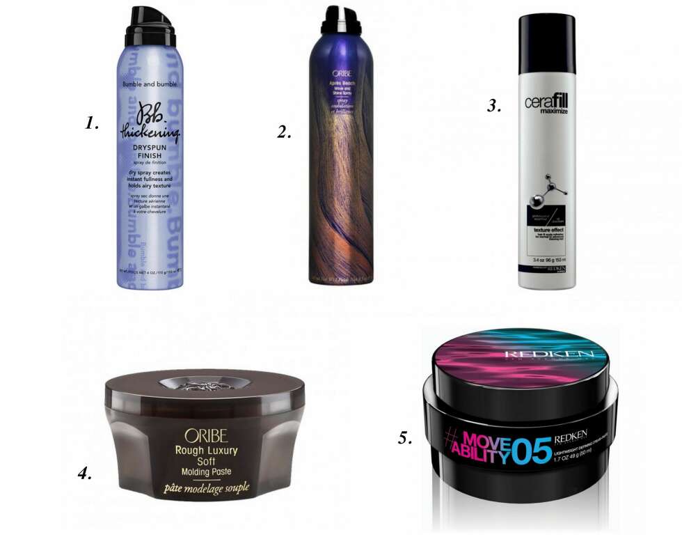 HÅRSTYLINGSPRODUKTER: 1. Bumble & Bumble Thickening Dryspun Finish, kr 199. 2. Oribe Après Beach Wave and Shine Spray, kr 199. 3. Redken Cerafill Defy Shampoo, kr 199. 4. Oribe Rough Luxury Molding Wax, kr 299. 5. Redken Move Ability 05, kr 299. HÅRSTYLINGSPRODUKTER: 1. Bumble & Bumble Thickening Dryspun Finish, kr 199. 2. Oribe Après Beach Wave and Shine Spray, kr 199. 3. Redken Cerafill Defy Shampoo, kr 199. 4. Oribe Rough Luxury Molding Wax, kr 299. 5. Redken Move Ability 05, kr 299.