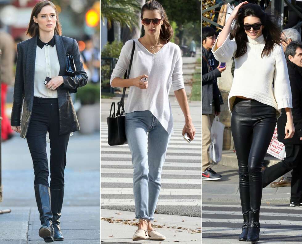 HVA BØR HUN HA PÅ SEG?: Coco Rocha har på seg en smal dressbukse, bluse, blazer og boots. Allesandra Ambrosio har på seg jeans, en topp og lave sko. Kendall Jenner har på seg skinnbukse, genser og ankelstøvletter. HVA BØR HUN HA PÅ SEG?: Coco Rocha har på seg en smal dressbukse, bluse, blazer og boots. Allesandra Ambrosio har på seg jeans, en topp og lave sko. Kendall Jenner har på seg skinnbukse, genser og ankelstøvletter.
