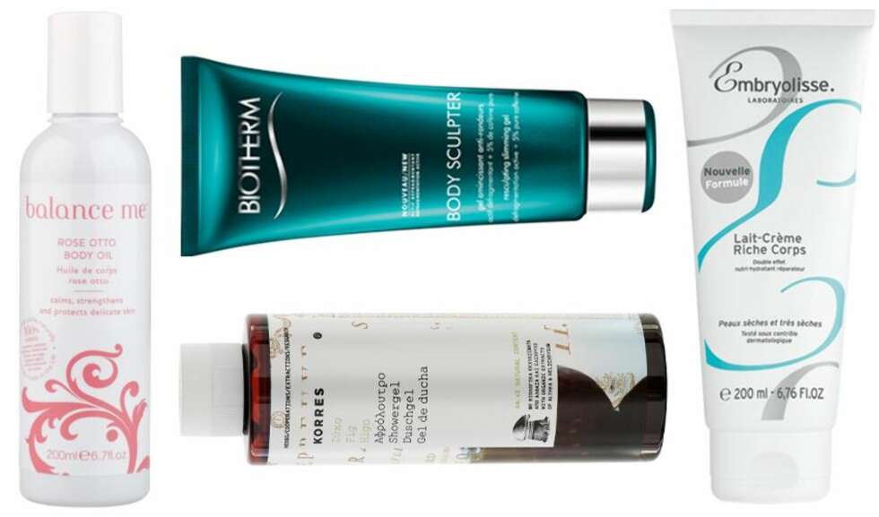 PLEIE: Rose Otto Body Oil fra Balance Me, kr. 345. Body Sculpter fra Biotherm, kr. 399. Fig showergel fra Korees, kr. 199. Laít-Créme Riche Corps fra Embryolisse, kr. 355. PLEIE: Rose Otto Body Oil fra Balance Me, kr. 345. Body Sculpter fra Biotherm, kr. 399. Fig showergel fra Korees, kr. 199. Laít-Créme Riche Corps fra Embryolisse, kr. 355.