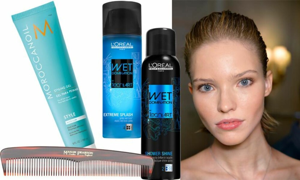 SPORTY: Denne kule frisyren hos Balmain passer både til kort og langt hår. Kam, C4 fra Mason Pearson, kr. 215. Styling Gel fra Moroccanoil, kr. 180. Varmebeskyttelse som gir glans. Wet domination by Techni art shower shine fra Loréal professionel, kr. 229. Wet domination by Techni art extreme splash fra Loréal professionel, kr. 229. SPORTY: Denne kule frisyren hos Balmain passer både til kort og langt hår. Kam, C4 fra Mason Pearson, kr. 215. Styling Gel fra Moroccanoil, kr. 180. Varmebeskyttelse som gir glans. Wet domination by Techni art shower shine fra Loréal professionel, kr. 229. Wet domination by Techni art extreme splash fra Loréal professionel, kr. 229.