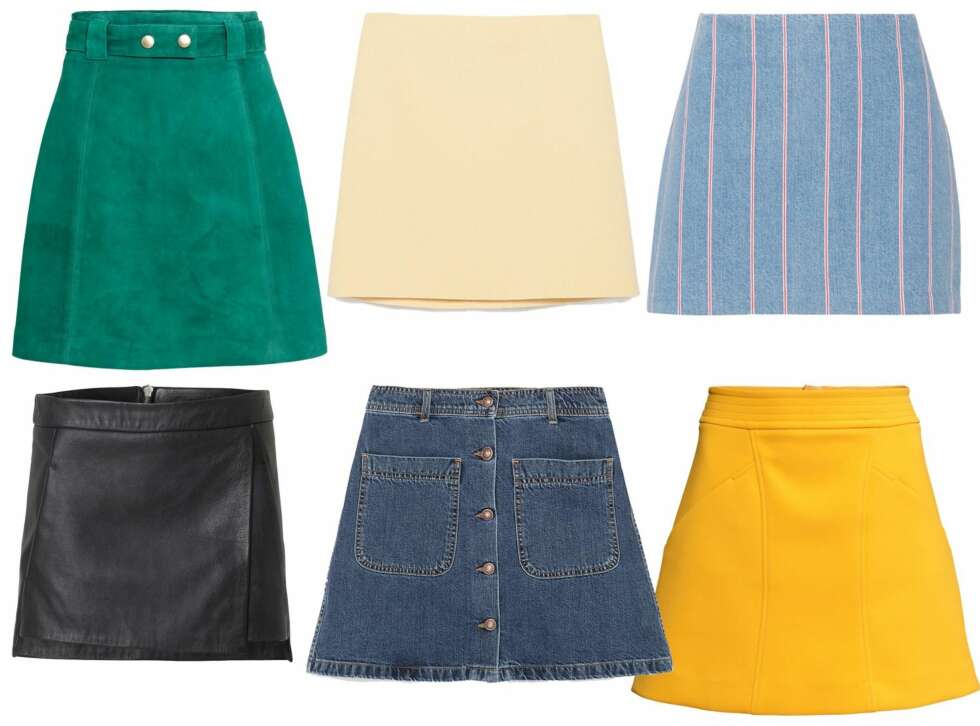 IT-SKJØRTET (f.v.): Flaskegrønt skjørt i semsket skinn fra H&M, kr 999. Babygult skjørt fra Zara, 399. Stripete skjørt fra T by Alexander Wang, kr 2064. Skinnskjørt fra Ganni, kr 2099. Denimskjørt fra Zara, kr 399. Sennepsgult skjørt fra H&M, kr 399. IT-SKJØRTET (f.v.): Flaskegrønt skjørt i semsket skinn fra H&M, kr 999. Babygult skjørt fra Zara, 399. Stripete skjørt fra T by Alexander Wang, kr 2064. Skinnskjørt fra Ganni, kr 2099. Denimskjørt fra Zara, kr 399. Sennepsgult skjørt fra H&M, kr 399.