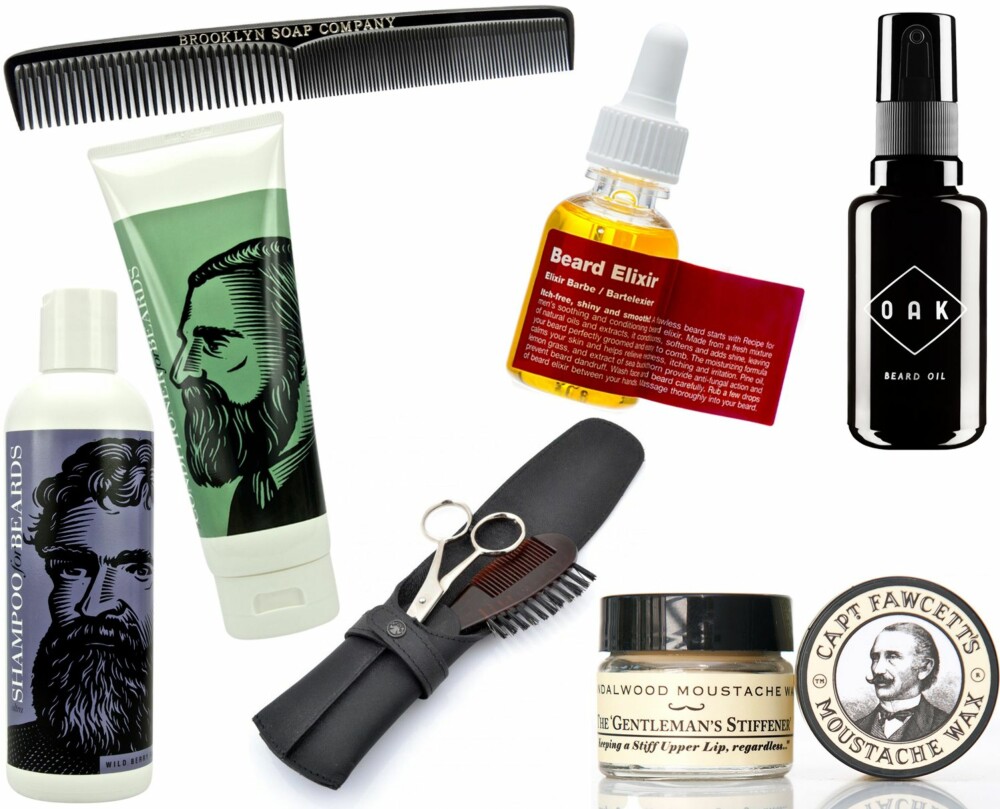GODE GROOMINGPRODUKTER (f.v.): Beardsley Shampoo for Beards, kr 199. Beardsley Conditioner for Beards, kr 199. Brooklyn Soap Company kam, kr 169. Dovo skjeggtrimmesett, kr 699. Recipe for Men Beard Elixir, kr 159.Captain Fawsett's Sandalwood Moustache Wax, kr 129. Oak Natural Beard Care Beard Oil, kr 399. GODE GROOMINGPRODUKTER (f.v.): Beardsley Shampoo for Beards, kr 199. Beardsley Conditioner for Beards, kr 199. Brooklyn Soap Company kam, kr 169. Dovo skjeggtrimmesett, kr 699. Recipe for Men Beard Elixir, kr 159.Captain Fawsett's Sandalwood Moustache Wax, kr 129. Oak Natural Beard Care Beard Oil, kr 399.